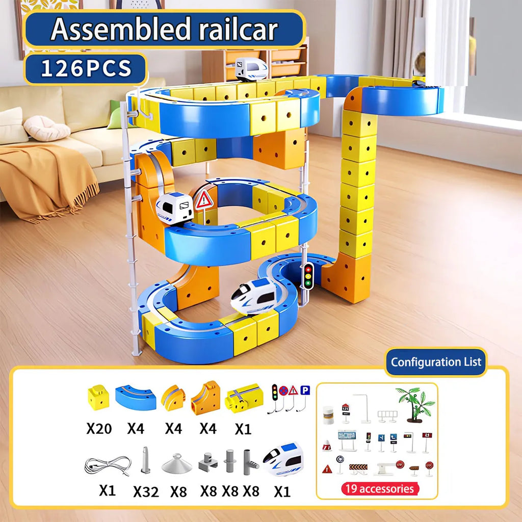 DIY Electric Magnetic Track Set With High-Speed Rail Vehicles STEM Building Game Puzzle Cube Toy for Children Gift(1-100+pieces)
